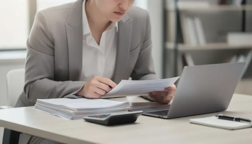 A person is seated at a desk, reviewing documents with a laptop and calculator in front of them, likely assessing their credit report and preparing for a mortgage application. The scene suggests a focus on understanding factors that influence their credit score and the requirements for securing a loan, such as down payments and debt-to-income ratios.