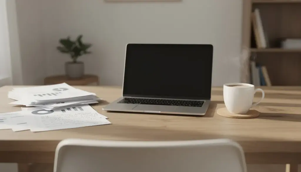 The image shows a well-organized home office desk featuring a laptop, a coffee cup, and scattered paperwork, suggesting a workspace focused on tasks like reviewing a credit report or preparing a mortgage application. This setup highlights the importance of maintaining a good credit score, as it can influence mortgage lenders when buying a house.