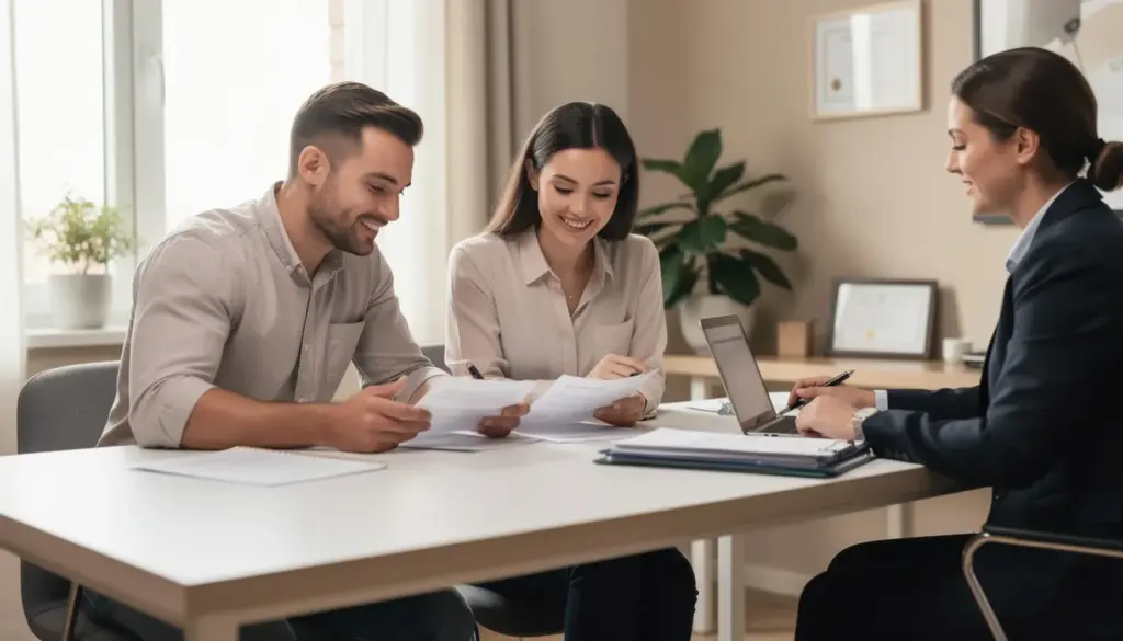 A couple is sitting at a desk with a professional, reviewing important documents related to their homeownership journey. They are discussing various aspects of the homebuying process, including closing costs and down payment assistance options available through community organizations.