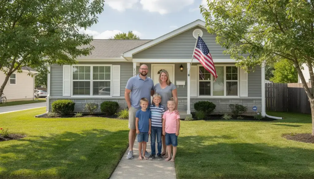 A family stands together in front of a modest single-family home, proudly displaying an American flag. This image represents the dream of buying a home, highlighting options like zero down payment mortgages and various assistance programs available for aspiring homeowners.