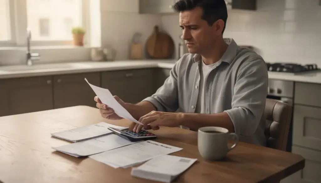 A person is seated at a kitchen table, carefully reviewing financial documents and using a calculator, likely assessing options for buying a house with no money down. The scene suggests a focus on understanding costs such as down payments, closing costs, and potential mortgage options for aspiring homeowners.