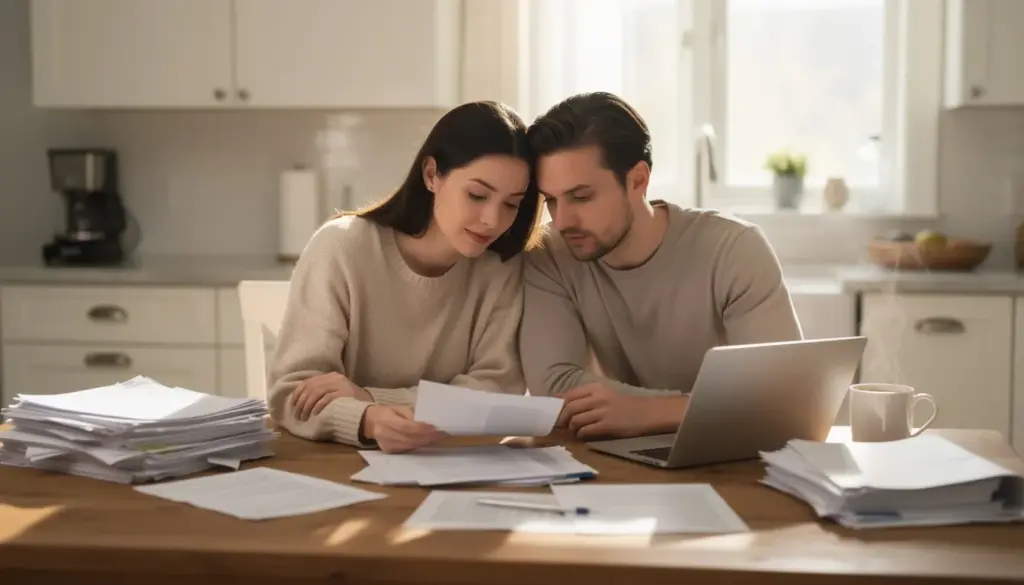 The image depicts a couple sitting at a kitchen table, closely reviewing paperwork related to their mortgage application. They appear focused as they discuss their financial situation, which may include aspects like credit scores, monthly payments, and potential reasons for mortgage denial.
