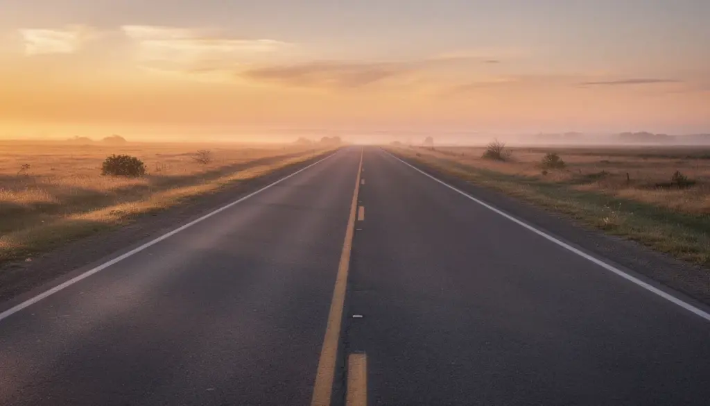 The image depicts a clear road extending toward the horizon at sunrise, symbolizing new beginnings and opportunities. This serene scene can evoke feelings of hope, much like the journey of navigating a mortgage application, where factors like credit score and debt-to-income ratio play a crucial role in determining approval odds.