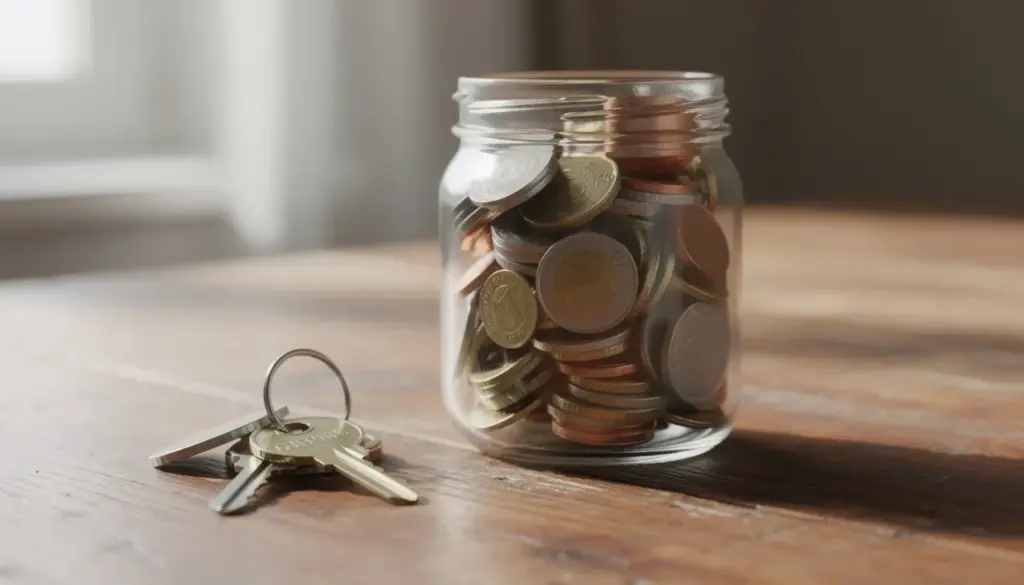 The image shows a glass jar filled with coins resting on a wooden table next to a set of house keys, symbolizing the savings needed for a down payment on a home. This visual represents the financial preparation required for first-time homebuyers, including considerations for monthly mortgage payments and closing costs.