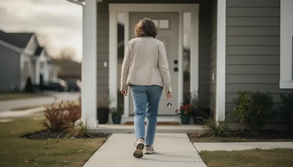 A person is walking towards the front door of a home while holding keys, symbolizing the excitement of homeownership. This moment often follows the completion of various steps like securing a mortgage loan, including considerations for down payment amounts and monthly mortgage payments.