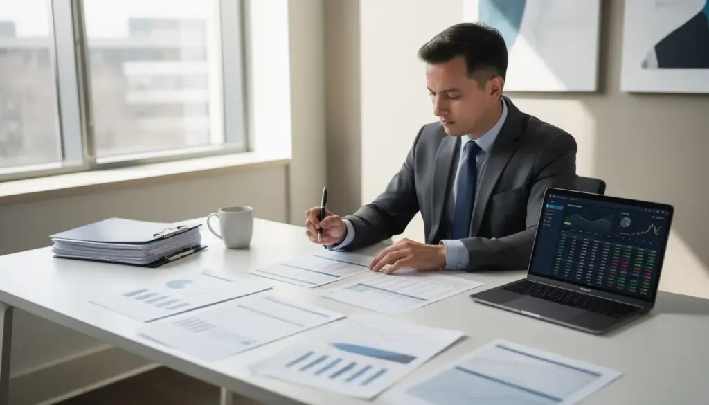 A person is seated at a desk, intently reviewing financial documents alongside a laptop, which likely contains information about down payment options and monthly mortgage payments related to a home purchase. The scene suggests a focus on understanding various loan programs and costs associated with buying a house.